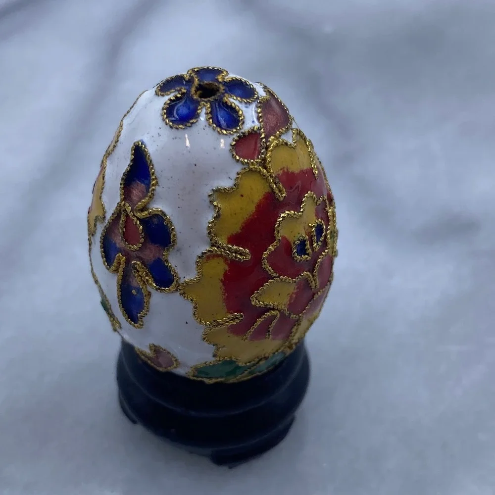 Cloisonne Enamel Floral Miniature Decorative Egg White Red Gold Stand Art Easter